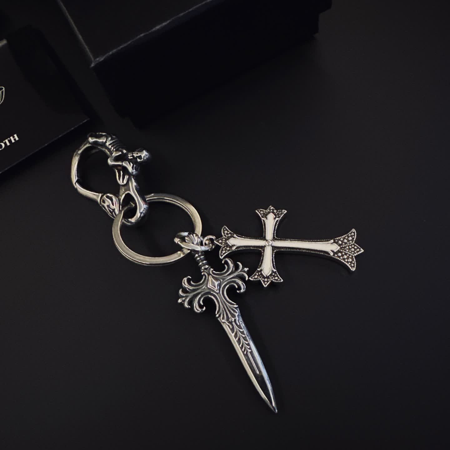 Chrome Hearts Silver Keychain with Sword and Cross Charms